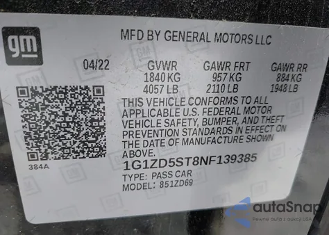 2022 Chevrolet Malibu Fwd Lt из США, поврежденный, VIN 1G1ZD5ST8NF139385